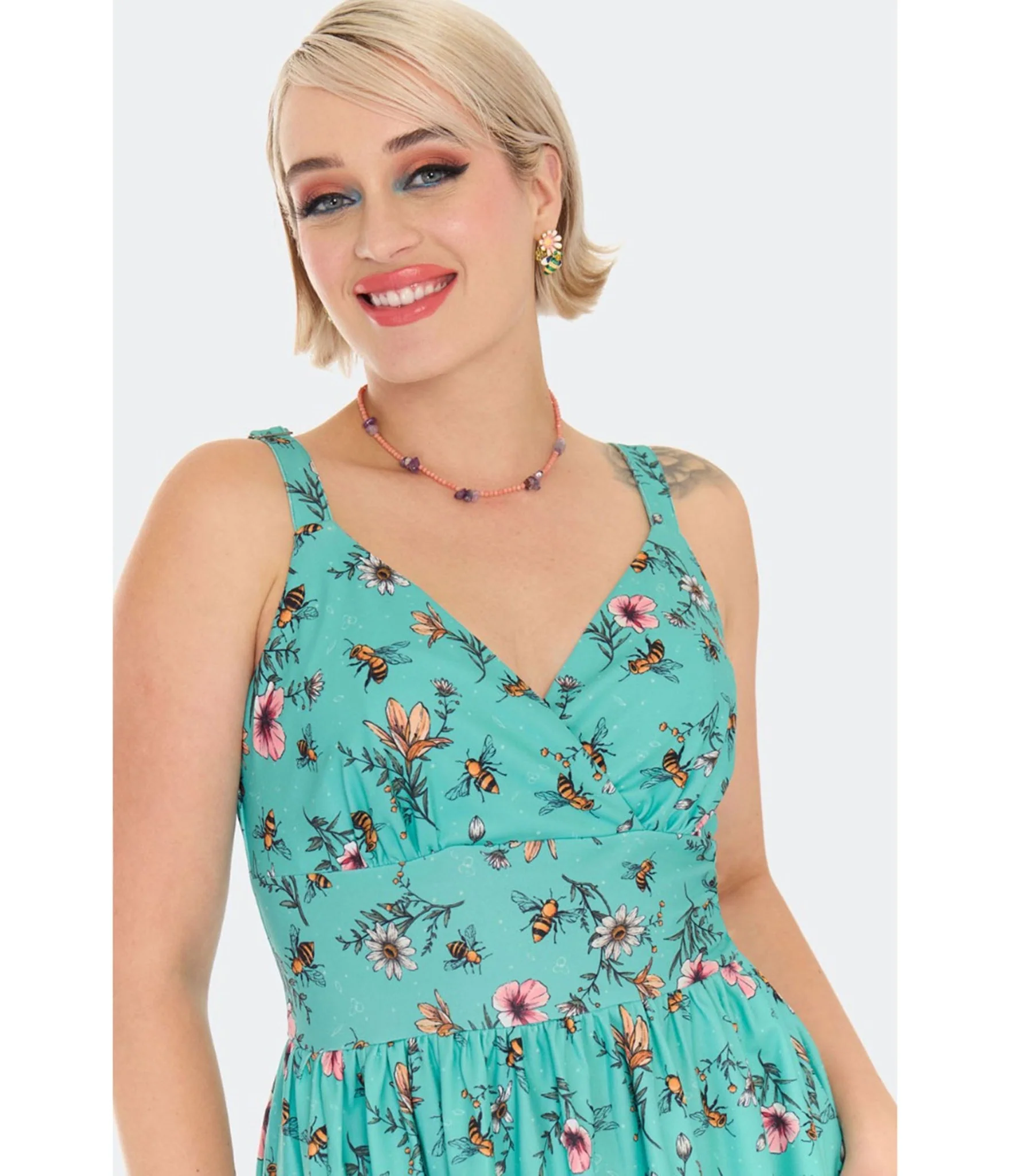 Voodoo Vixen Teal Floral & Bee Print Flare Dress - Image 4