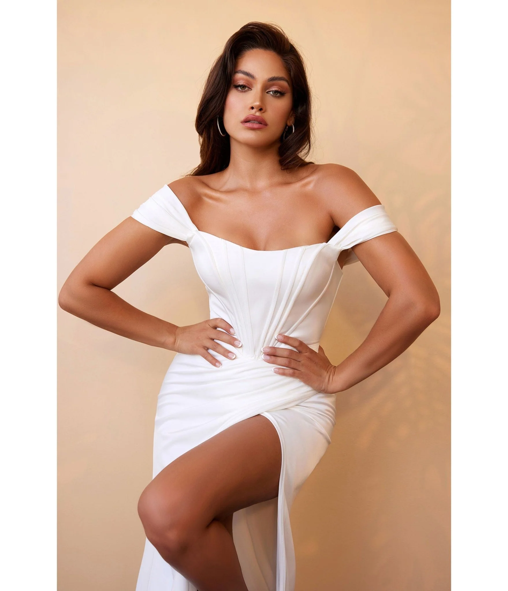 Ladivine by Cinderella Divine White Off The Shoulder Corset Satin Bridal Gown - Image 3