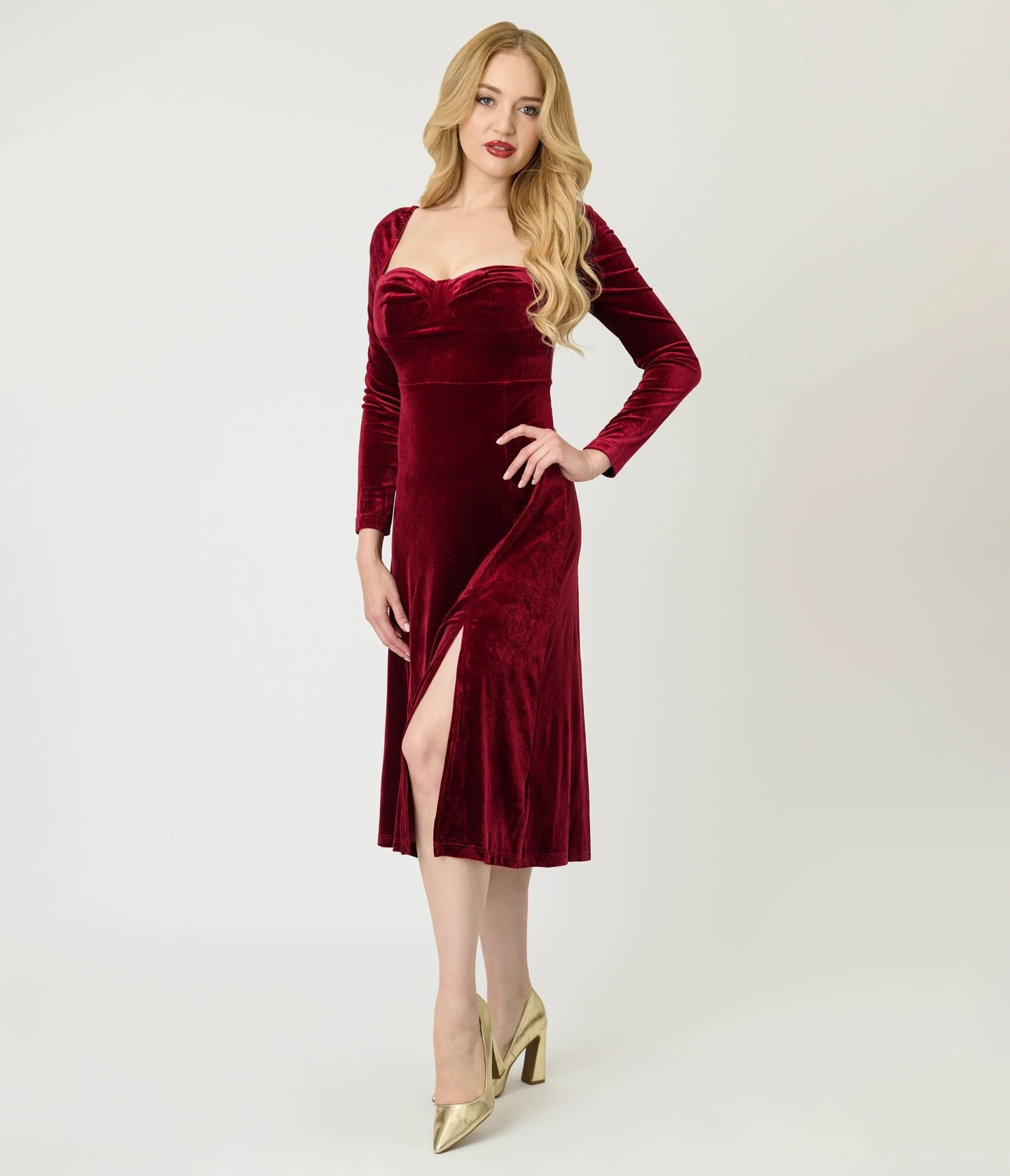 Wine Velvet Sweetheart Midi Dress