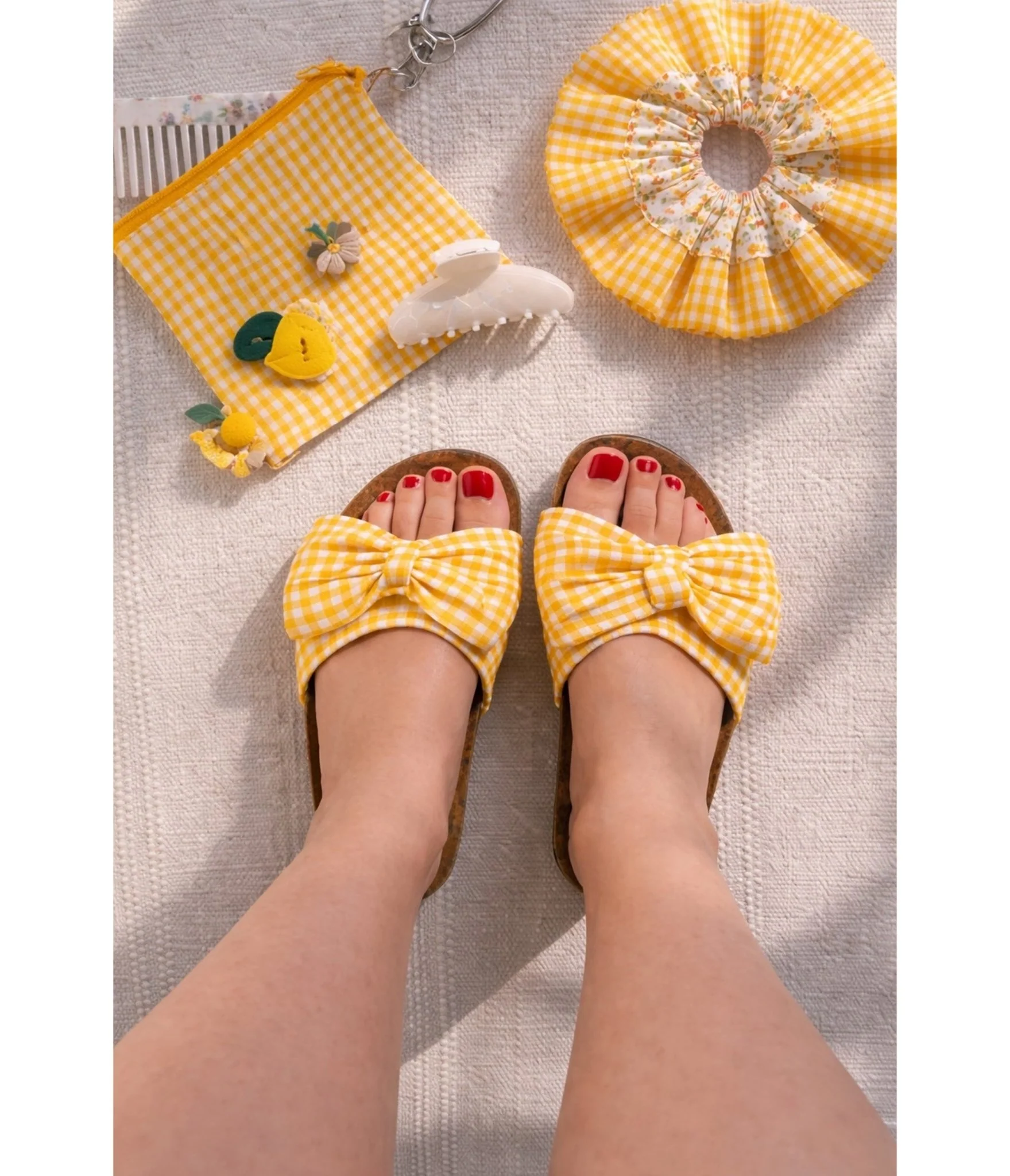 Yellow Gingham Bow Sandals