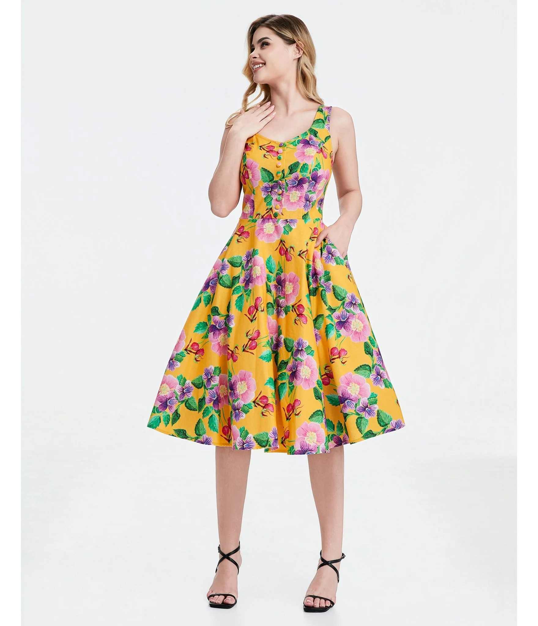 Yellow Hibiscus Floral Print Heidi Dress - Image 3