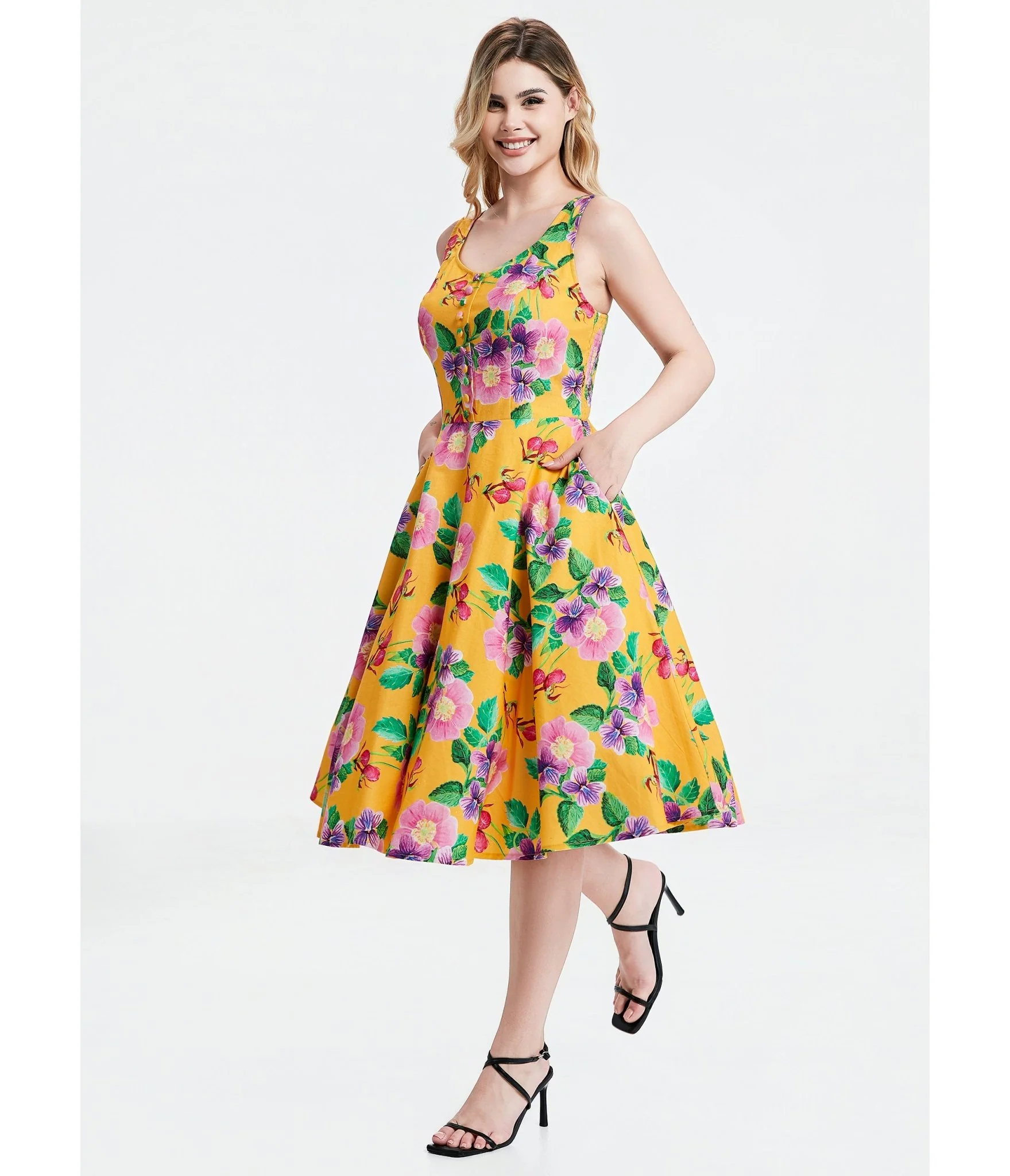 Yellow Hibiscus Floral Print Heidi Dress - Image 4